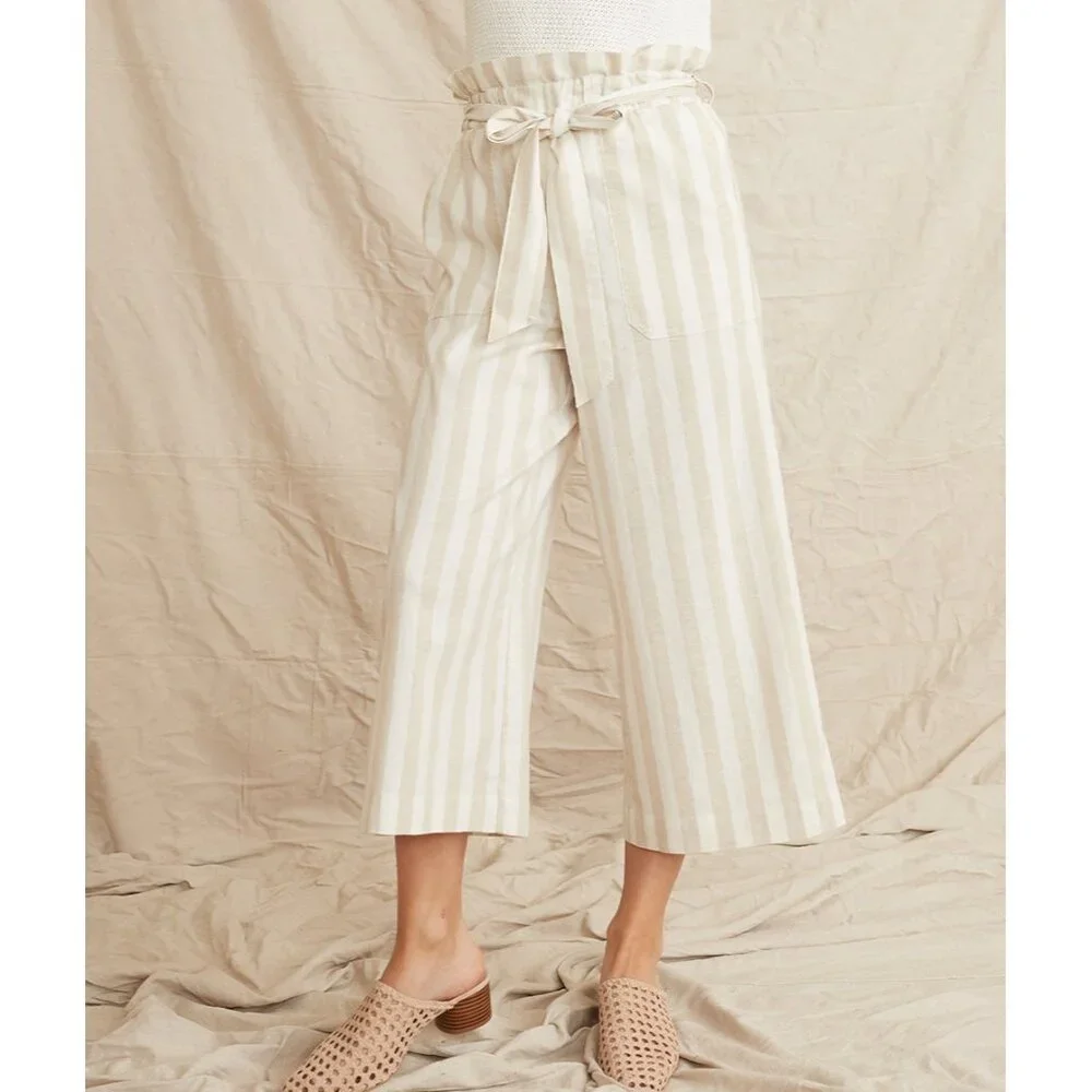 Marine Layer Caroline Pant Tan/White Stripe Small Wide Leg Capri Hemp Worn Once! - Picture 6 of 10